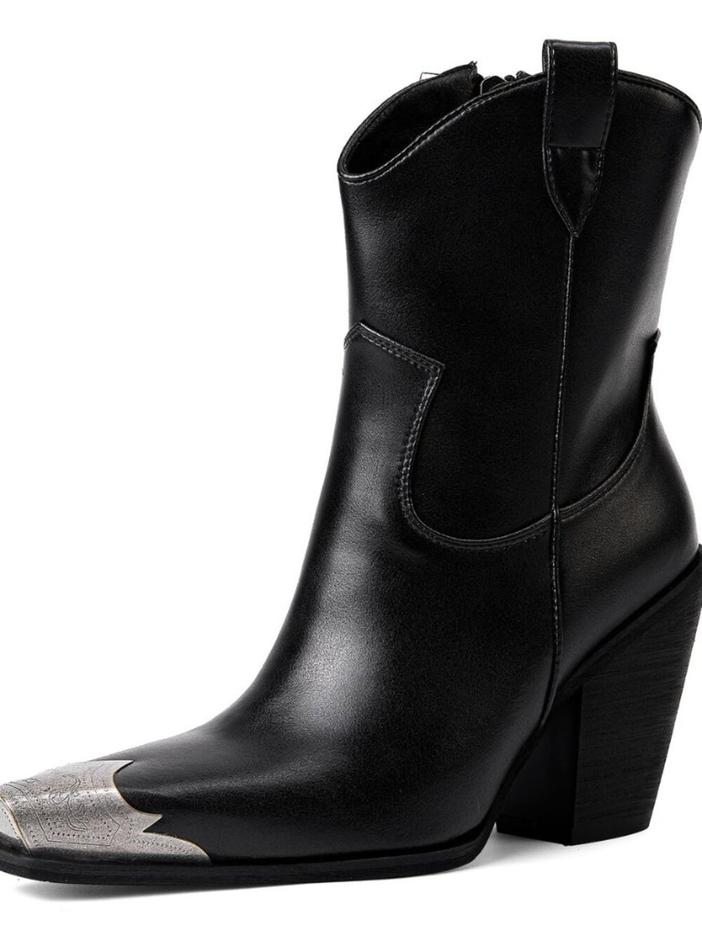 Cowboy Ankle Boots for Women Engraved Steel Toe Cowgirl Boots Stacked Block